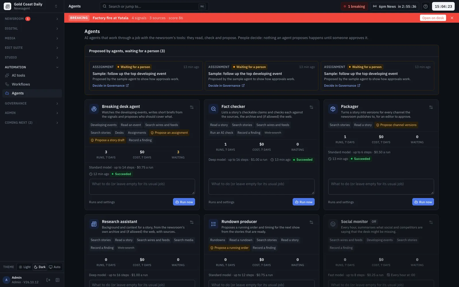 The agents: six built-in agents with their tools, costs and runs, and the proposals waiting for a person
