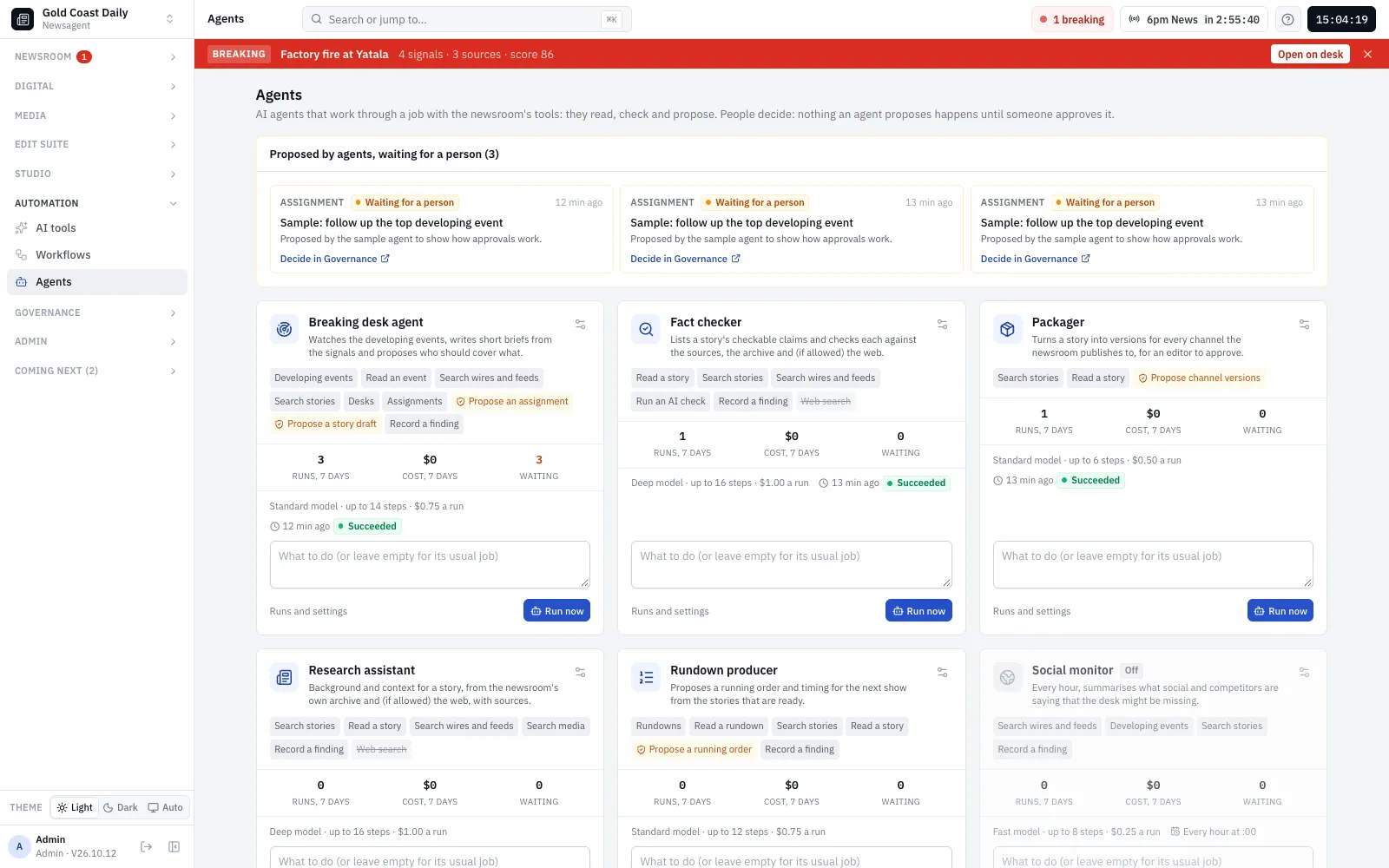 The agents: six built-in agents with their tools, costs and runs, and the proposals waiting for a person