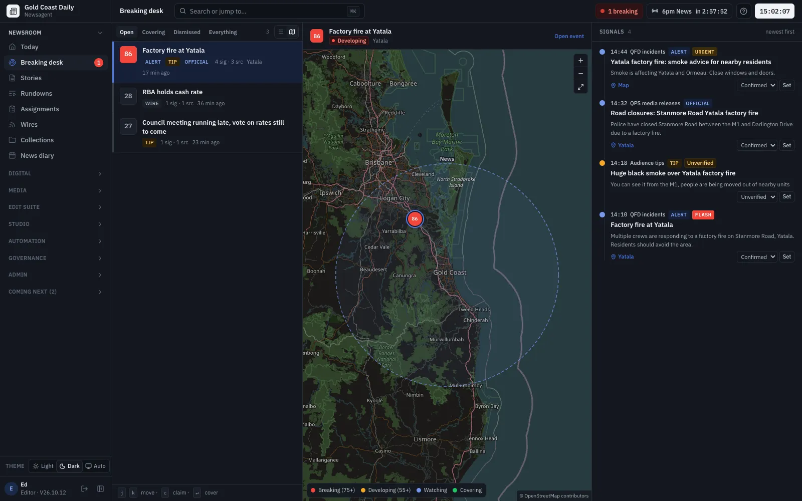 The breaking desk: developing events scored for the newsroom's area, with a map