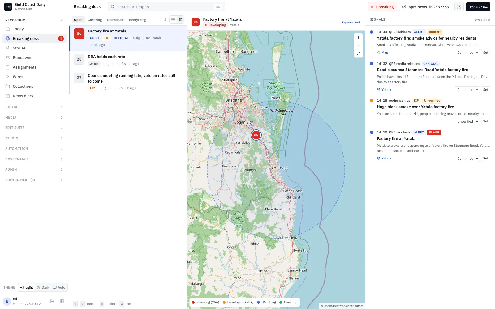 The breaking desk: developing events scored for the newsroom's area, with a map