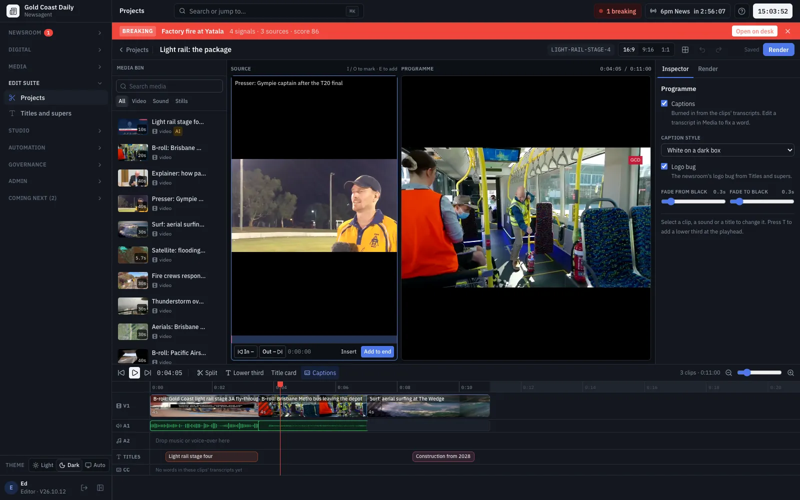 The edit suite: a media bin, source and programme viewers, and a timeline with video, audio, titles and captions tracks