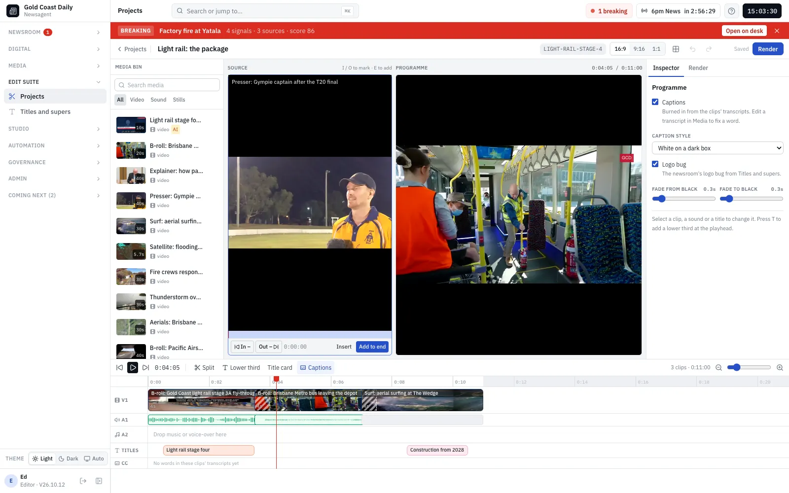 The edit suite: a media bin, source and programme viewers, and a timeline with video, audio, titles and captions tracks