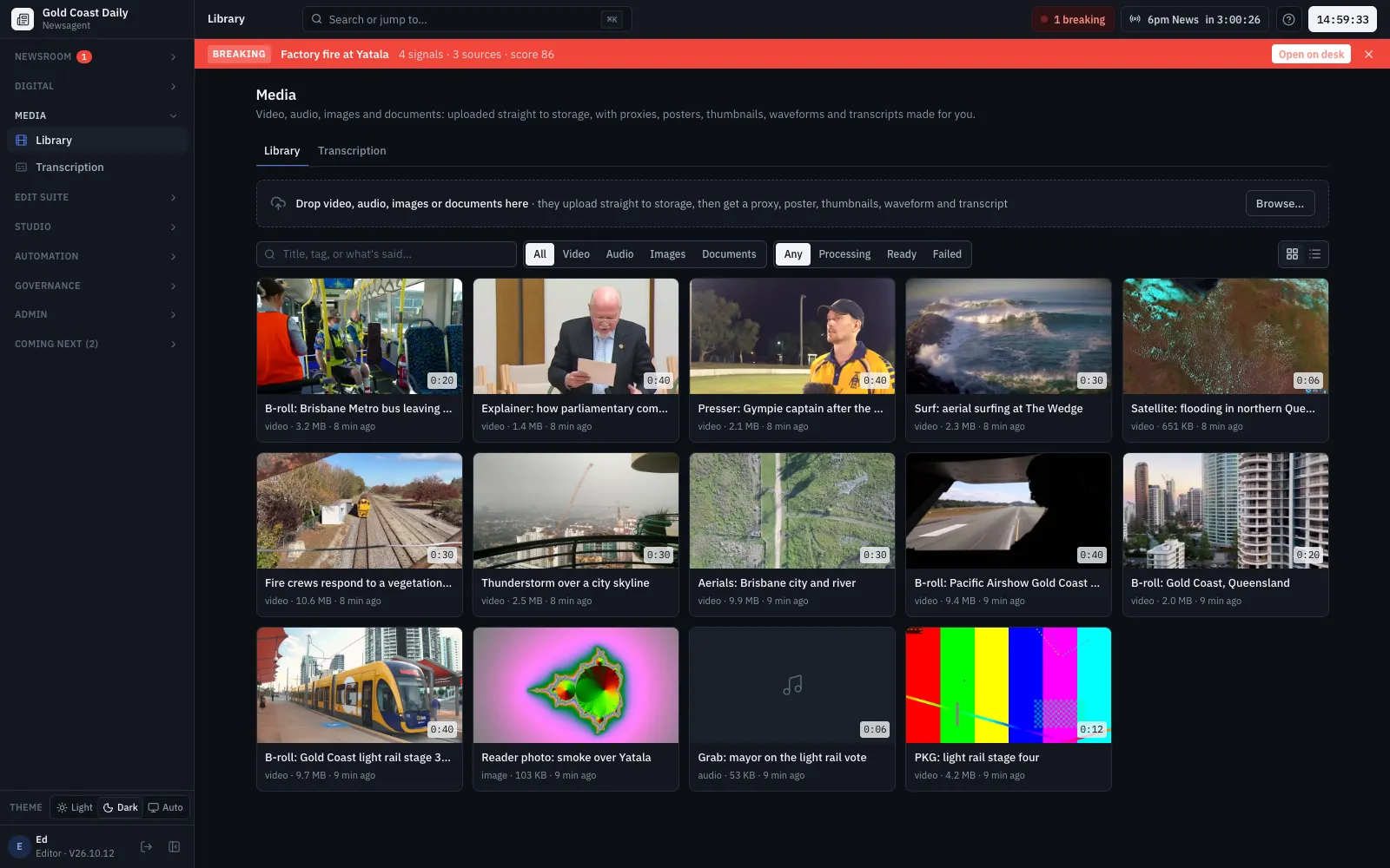 The media library: clips with thumbnails, durations, transcripts and rights