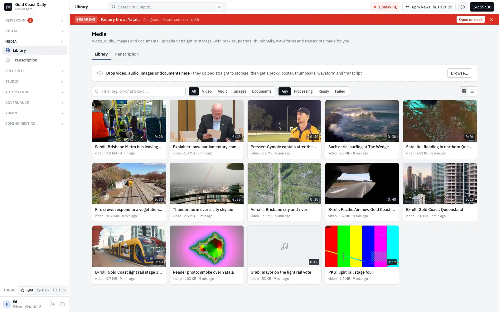 The media library: clips with thumbnails, durations, transcripts and rights