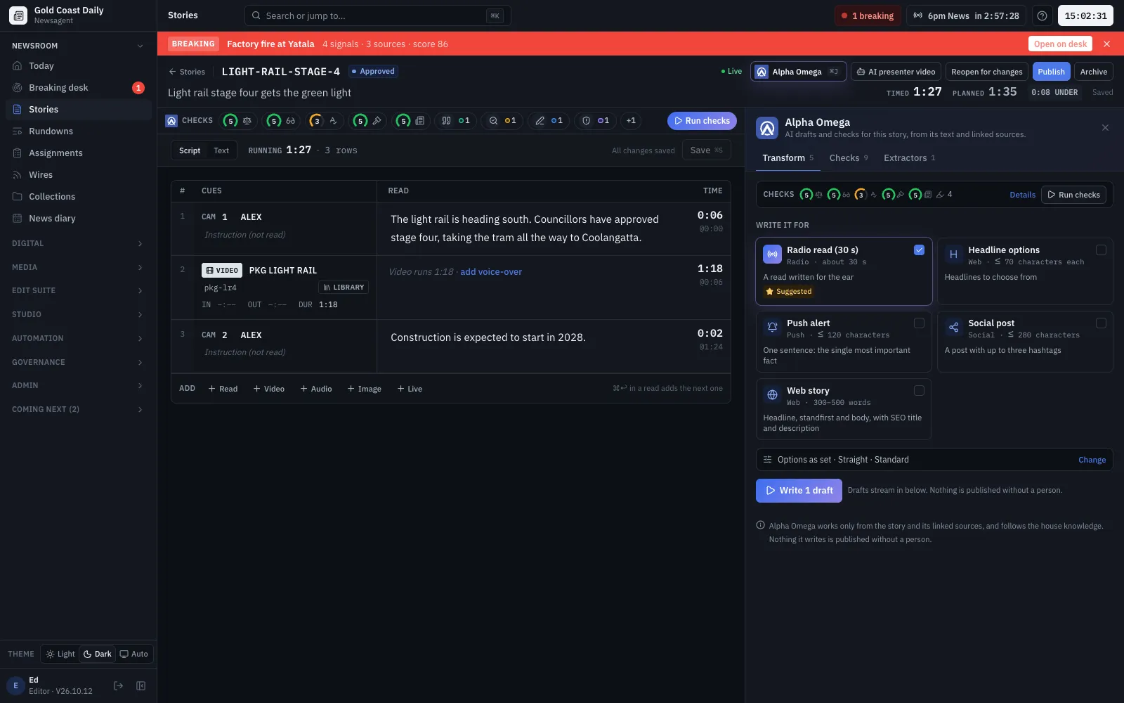 A story with Alpha Omega open: rater dials and highlight counts across the top, drafts streaming in the panel