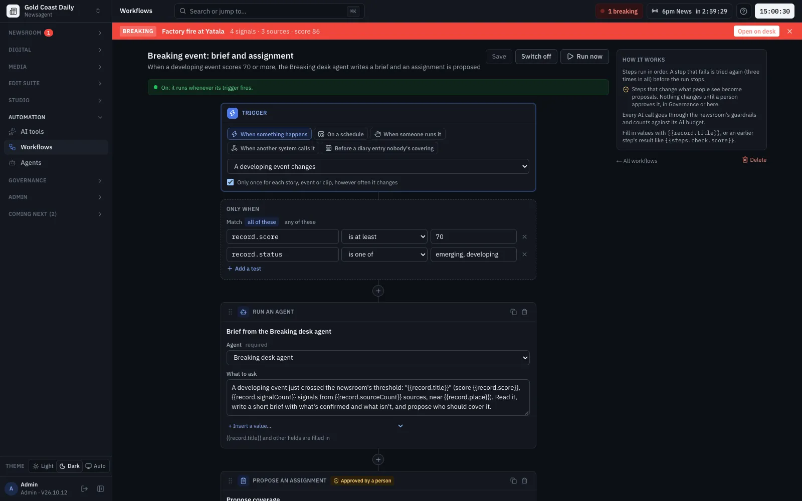A workflow in the visual builder: a trigger, a condition and steps, with branch lanes